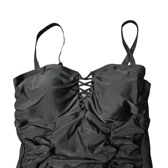 Torrid Black Lattice Fromt One-Piece Ruched Swimsuit - Picture 3 of 7